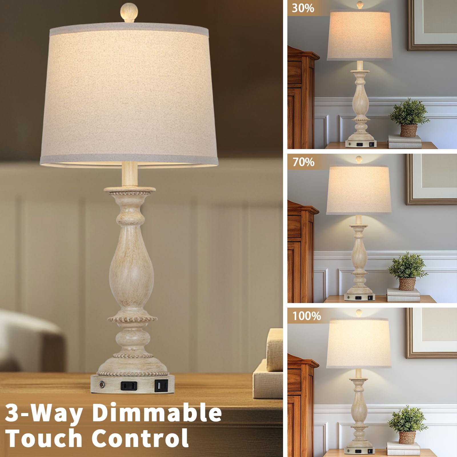 Cinsary 28'' Tall Farmhouse Table Lamps For Living Room Set Of 2,Vintage Rustic Beige Bedside Touch Lamp With Usb C+A Ports & Ac