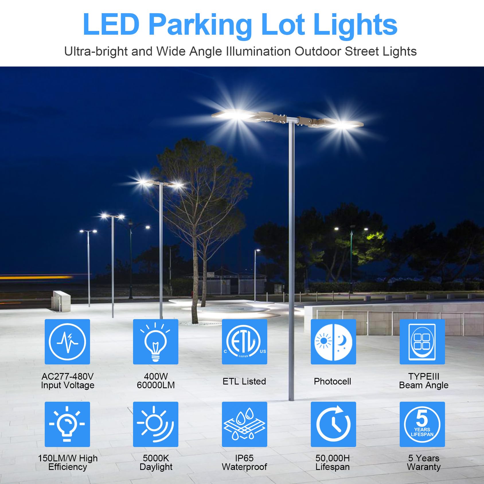 Yellore 400W Led Parking Lot Light With Photocell 60000Lm Etl Listed Led Shoebox Pole Lights 5000K Ip65 Waterproof 277-480Vac In