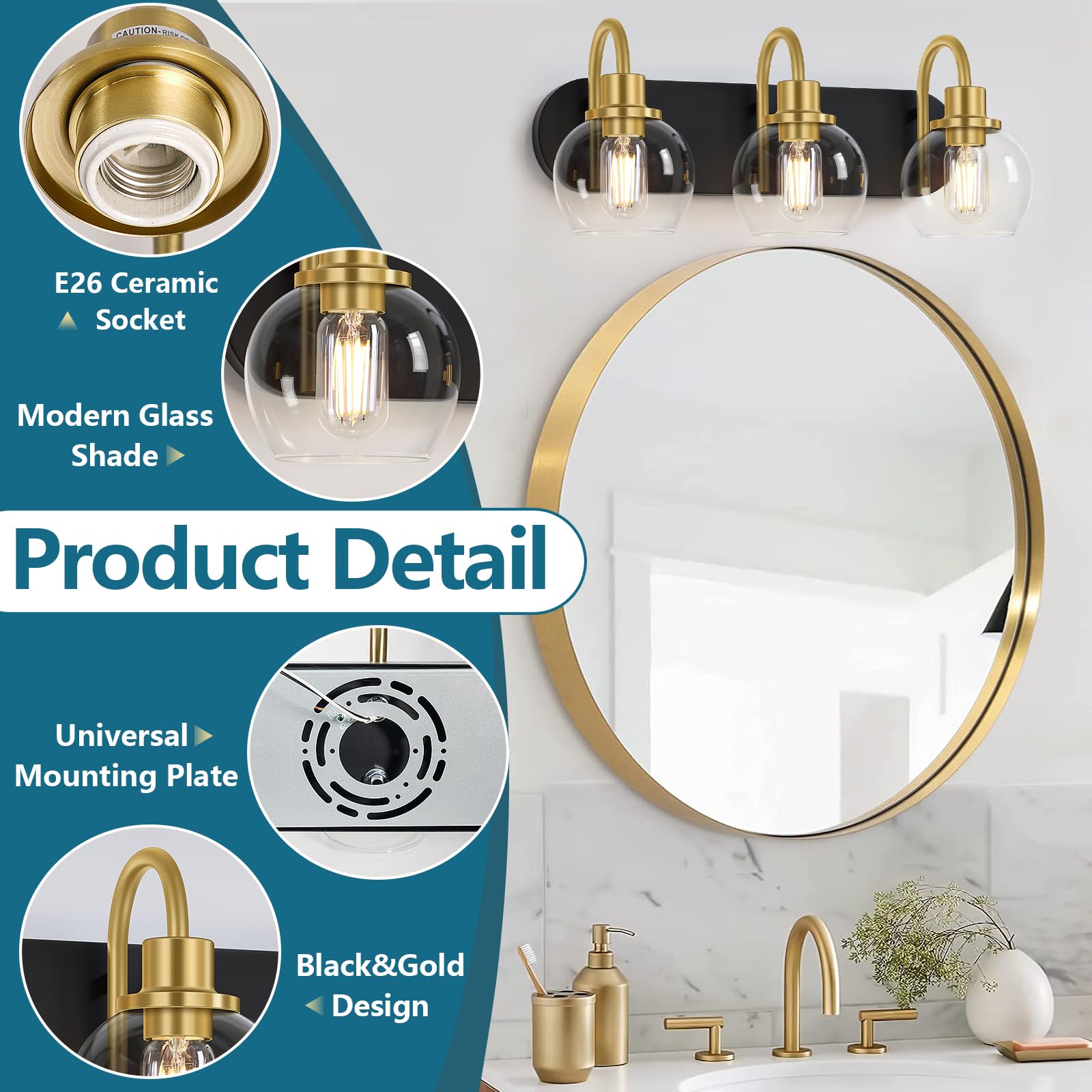 Dpyrrhic 3-Light Bathroom Vanity Light Fixture, Metal, Matte Black & Gold, Clear Glass Shade