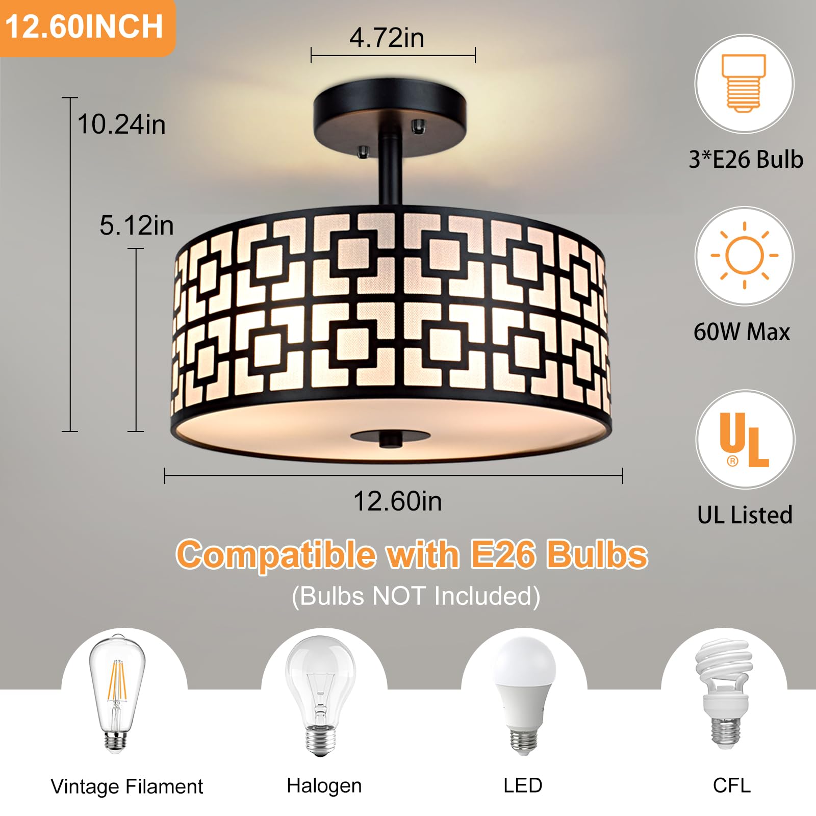 DINGLILIGHTING Modern 3-Light Semi Flush Mount Ceiling Light Fixture, 12.6 Inch, Black, Aluminum, Model WSCL30-B