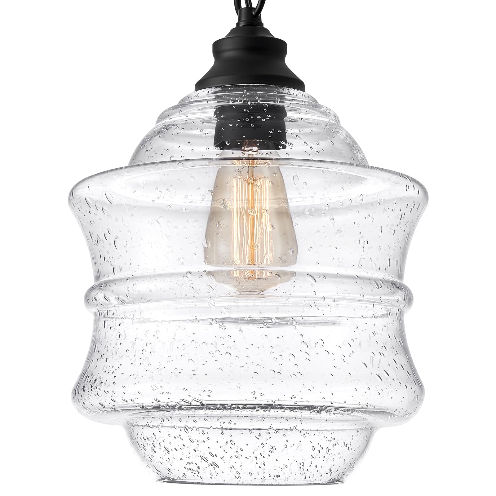 FookChak Seeded Glass Pendant Lights Black 10inch Farmhouse Ceiling Pendant Lighting Kitchen Island Large Clear Glass Island Han