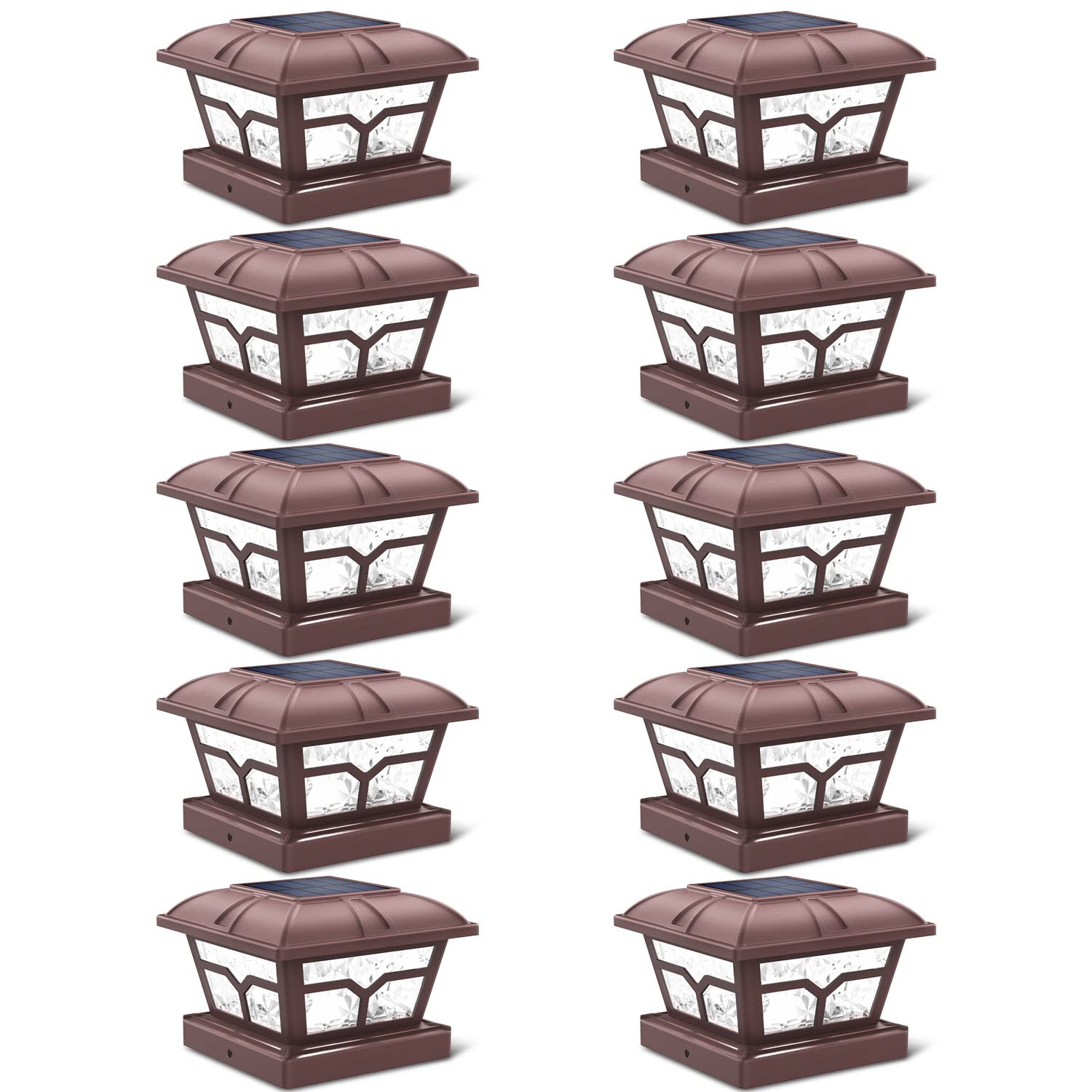 SIEDiNLAR Solar Post Cap Lights, 8 LEDs, 2 Color Modes, Brown, 10 Pack, for 4x4, 5x5, 6x6 Posts