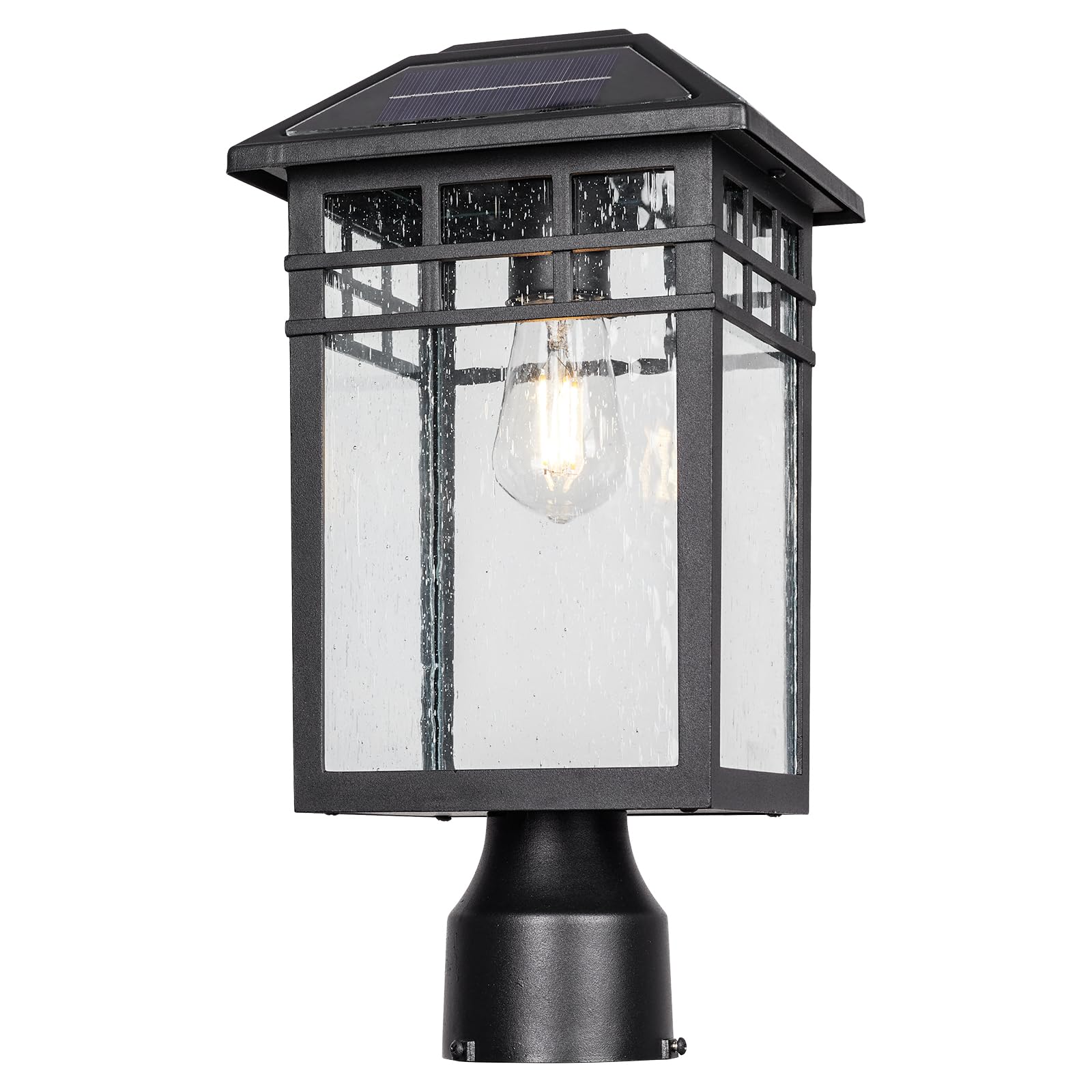 Diyel Solar Outdoor Post Light Fixture, Modern Exterior Pillar Lantern with Black Finish & Seeded Glass, Dusk to Dawn Outside Po