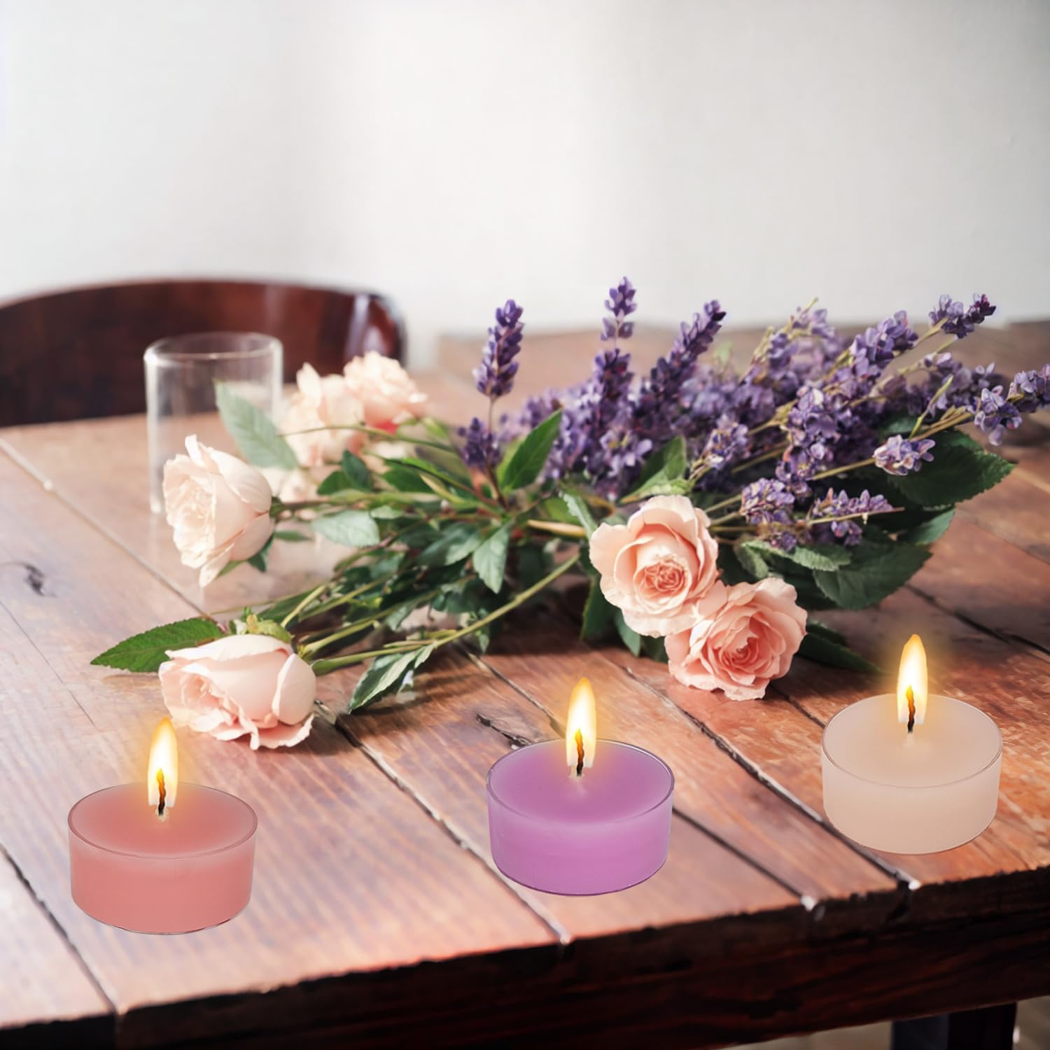 Floral Scented Tealight Candles, Lavender Rose Gardenia Scent Tea Lights Candles Clear Cup, 24 Pack Colored Tealights Candle, 6