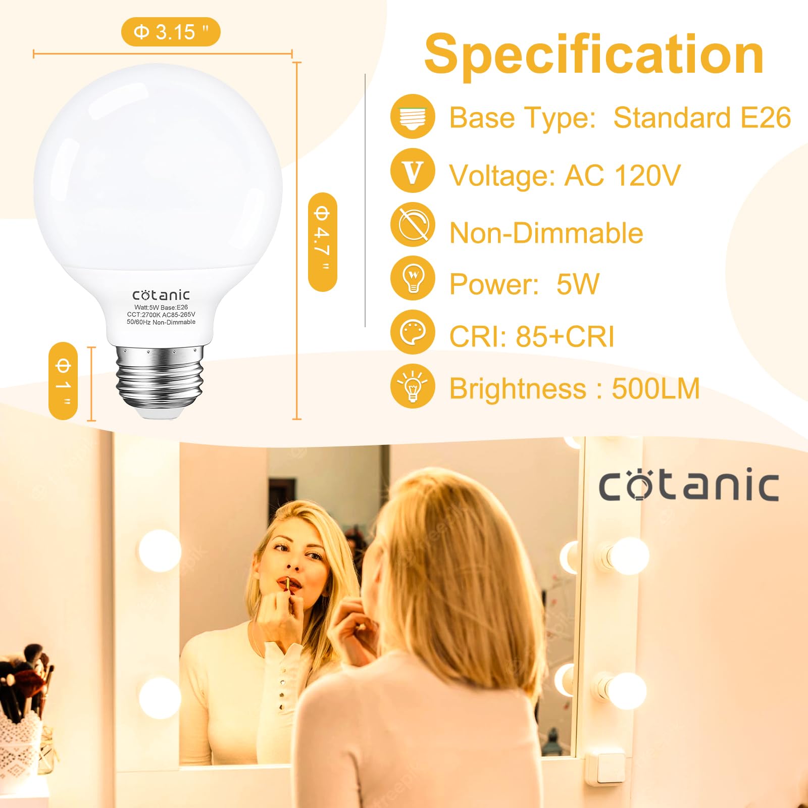 Cotanic G25 Globe Led Light Bulbs For Bathroom, E26 Standard Base, 5W(60 Watt Equivalent Incandescent Replacement), 500Lm, Non-D