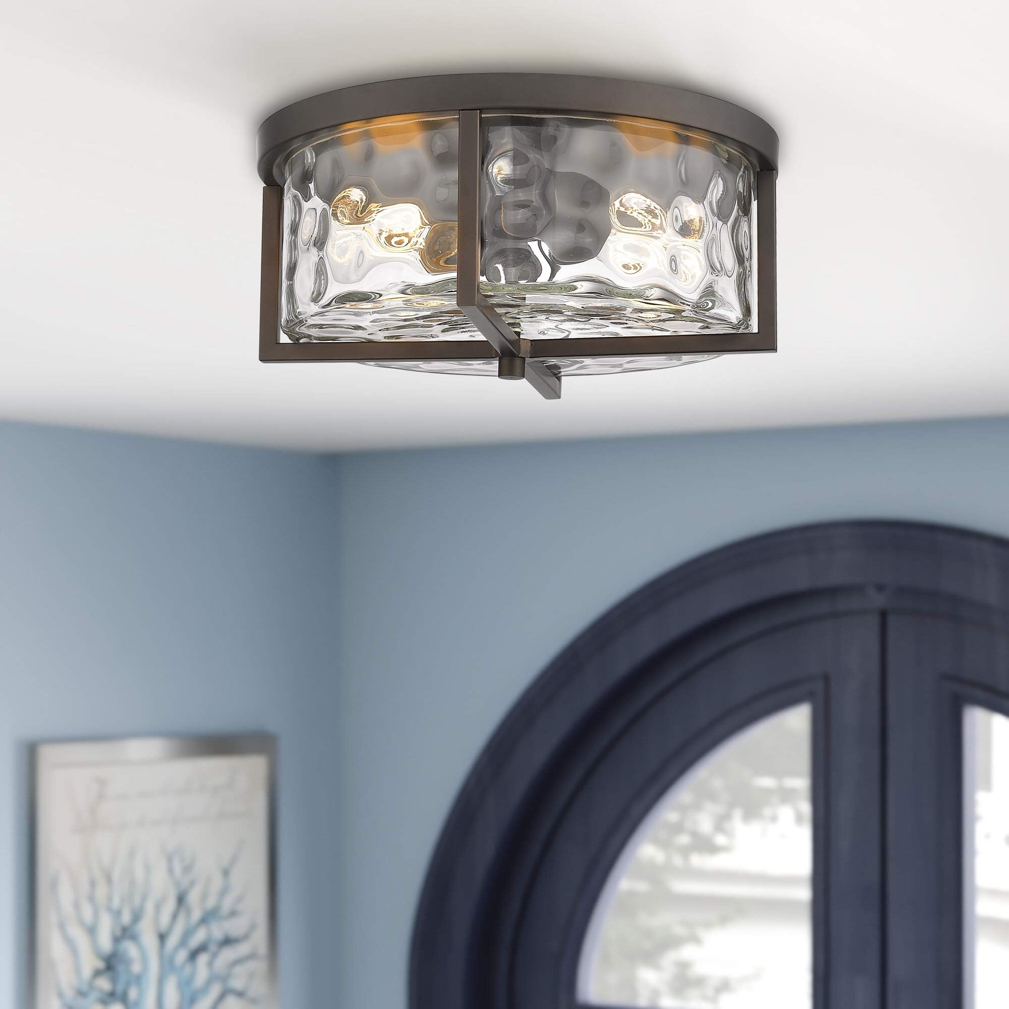 Odeums 13&quot; Hammered Glass Flush Mount Ceiling Light, Oil-Rubbed Bronze For Kitchen & Dining Room