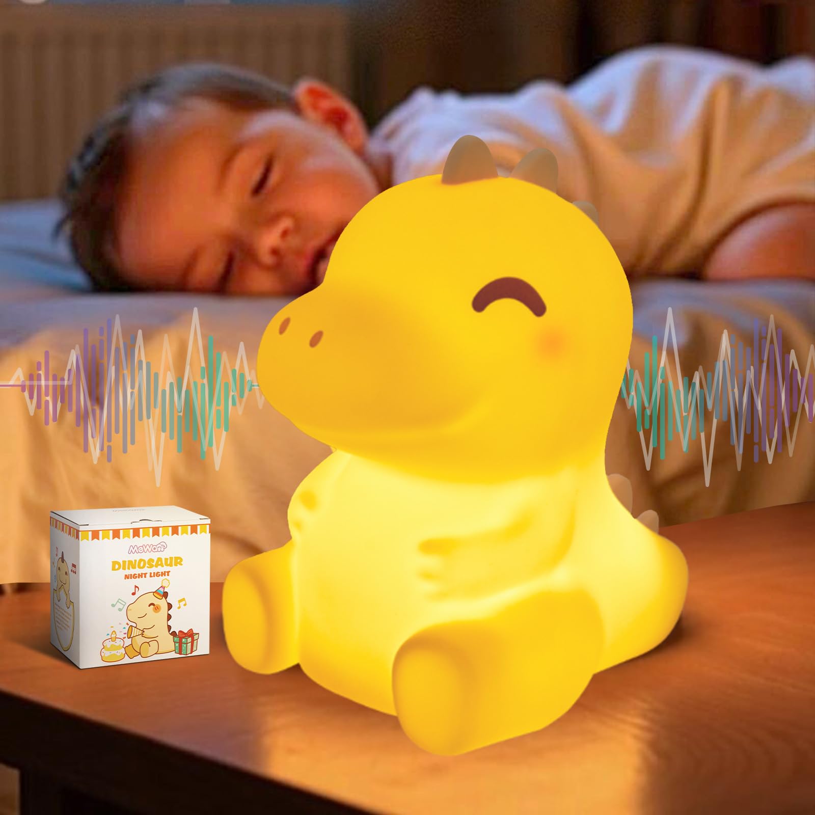 Mewaii Huggwaii Squishy Dinosaur Night Light for Kids - Dimmable Silicone Dinosaur Lamp with 4 White Noise, Long Battery Life Re