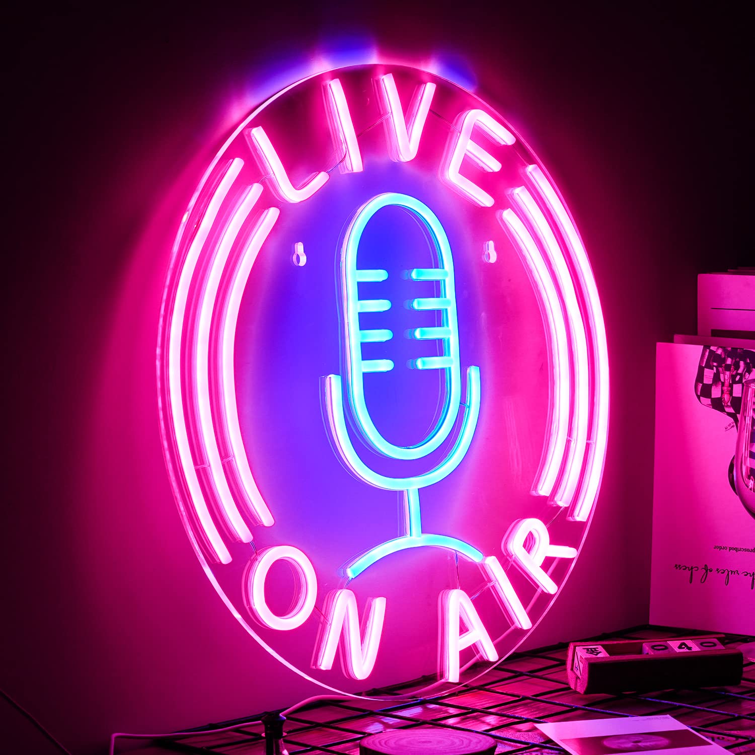 LISIGNVE Live On Air Neon Sign, USB Powered, 12.8inx12.8in, Pink Blue Silicone Wall Decor for Boys Room, Game Room, Studio