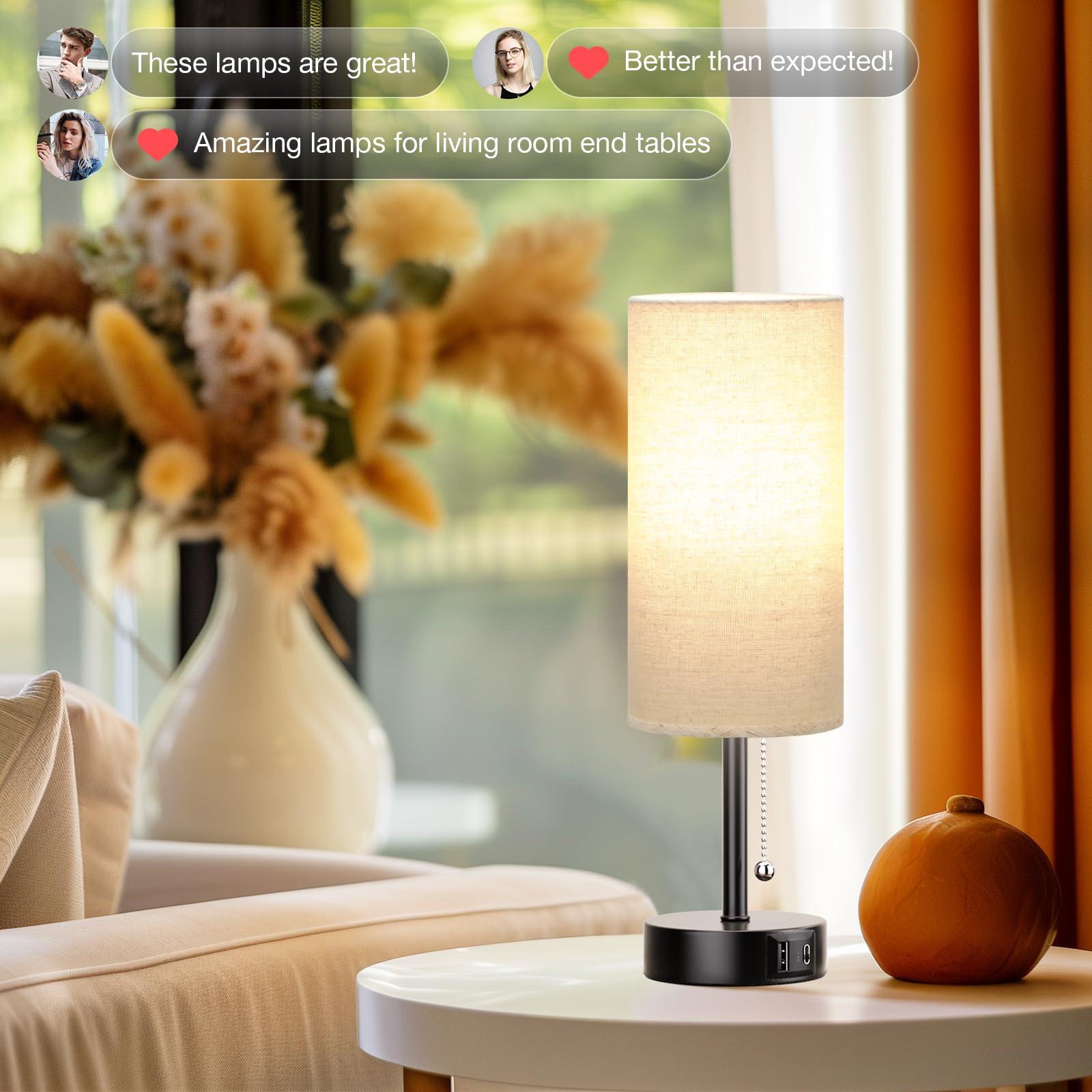 Small Bedside Lamp For Bedroom Nightstand - Table Lamp With Usb A + C Charging Port, 3 Color Temperatures Pull Chain Night Stand