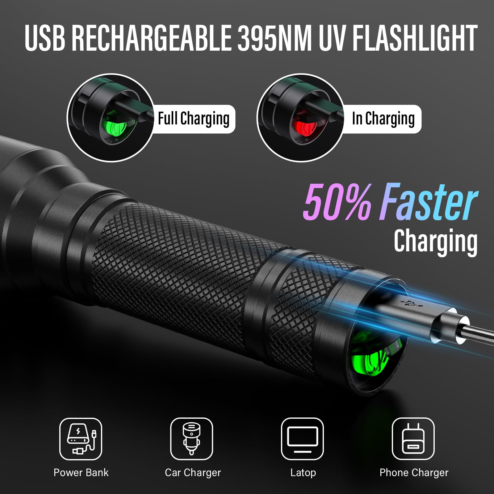 RECHOO UV Flashlight Black Light, 21 LED 395nm Rechargeable Waterproof Flashlight for Pet Urine Detection and Stain Removal, 1 Pack