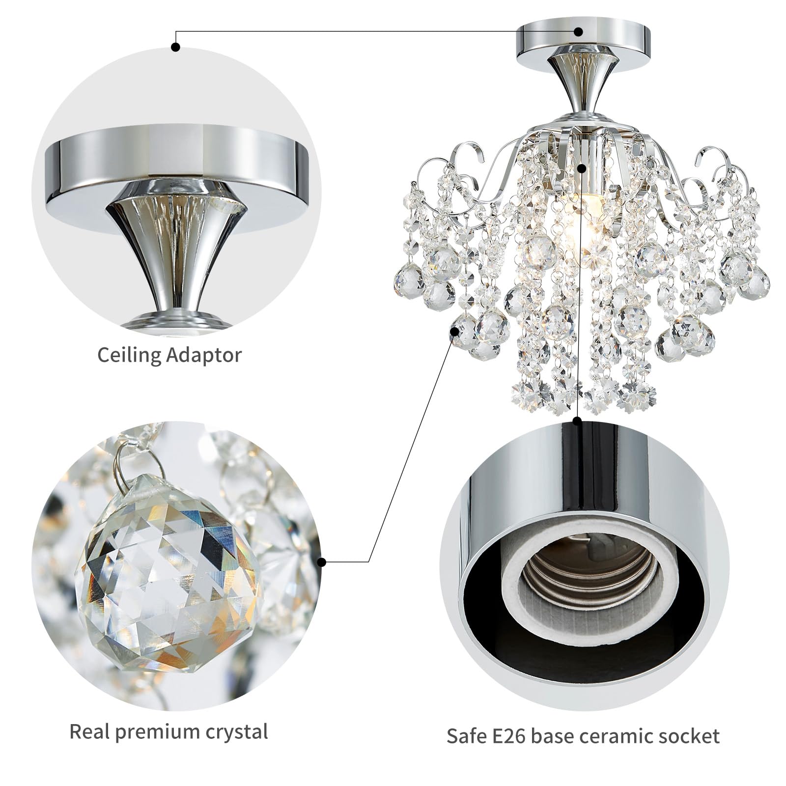 WUZUPS Crystal Chandelier Flushmount Ceiling Light, Modern Chrome Fixture, 13.4"H x 12.6"W, E26 Base, Ideal for Bedroom, Hallway, Kitchen
