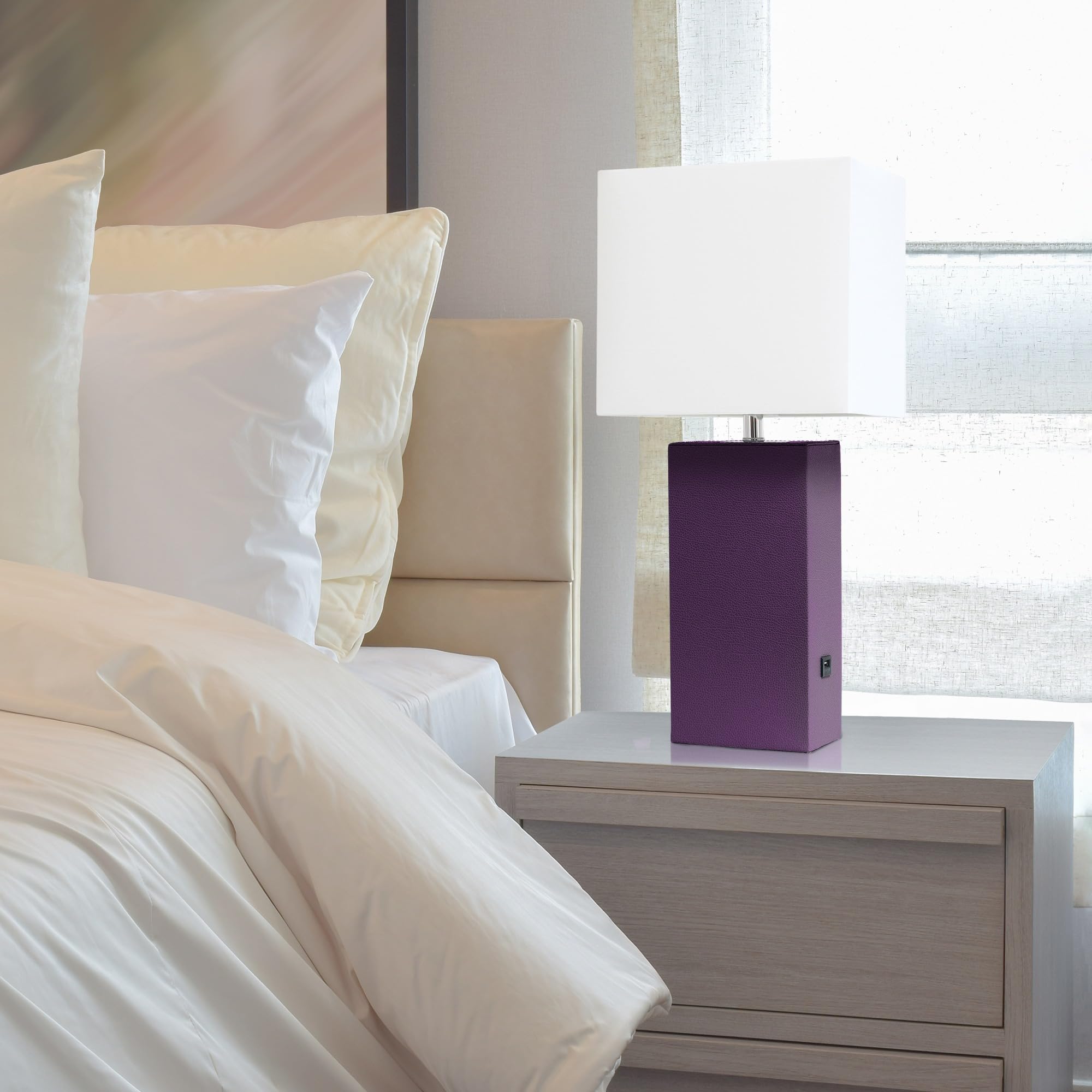 Elegant Designs Lt1053-Egp Modern Leather Usb And White Fabric Shade Table Lamp, Eggplant - (Pack Of 1)