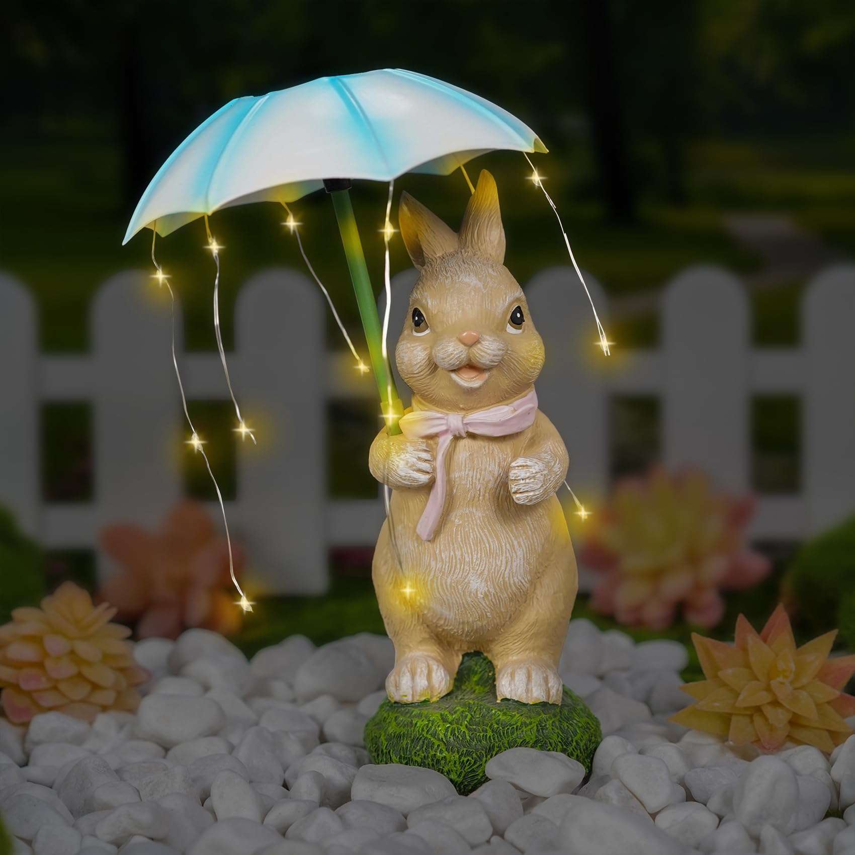 MININOVA Solar Garden Statues Outdoor Rabbit Figurine with Umbrella LED String Lights for Outside Yard Decorations Gifts for Bir