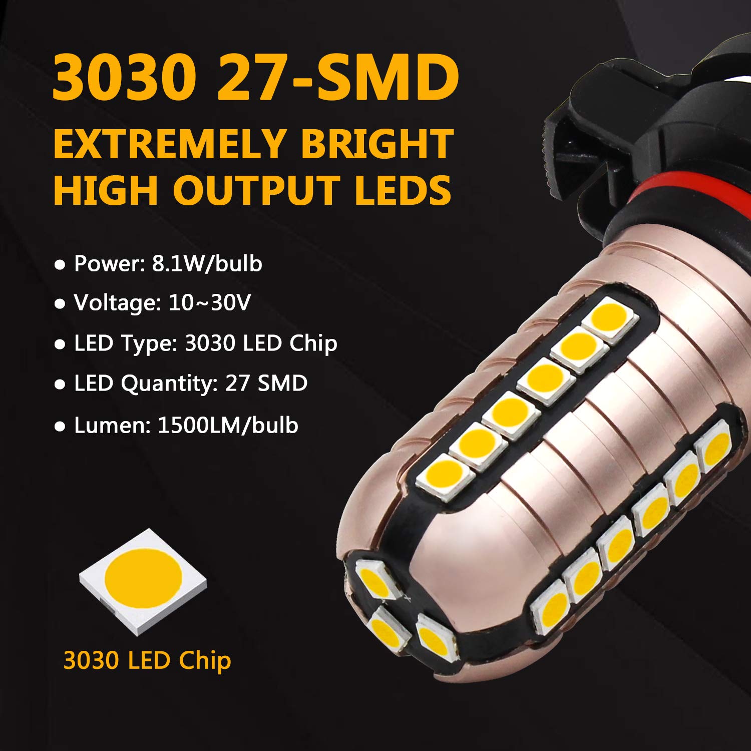 Phinlion 2504 Led Fog Light Bulbs, 3000 Lumens Super Bright 12276 Psx24W Golden Yellow Fog Lights Replacement For Cars, Non-Pola
