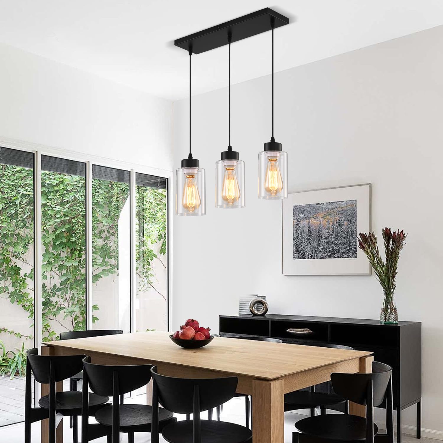 Cafulam Black Chandelier Farmhouse Light Fixtures Over Table  Dining Room Light Fixture Kitchen Island Lighting Chandeliers Modern Pendant Light With Clear Glass Shade Industrial Hanging Lighting