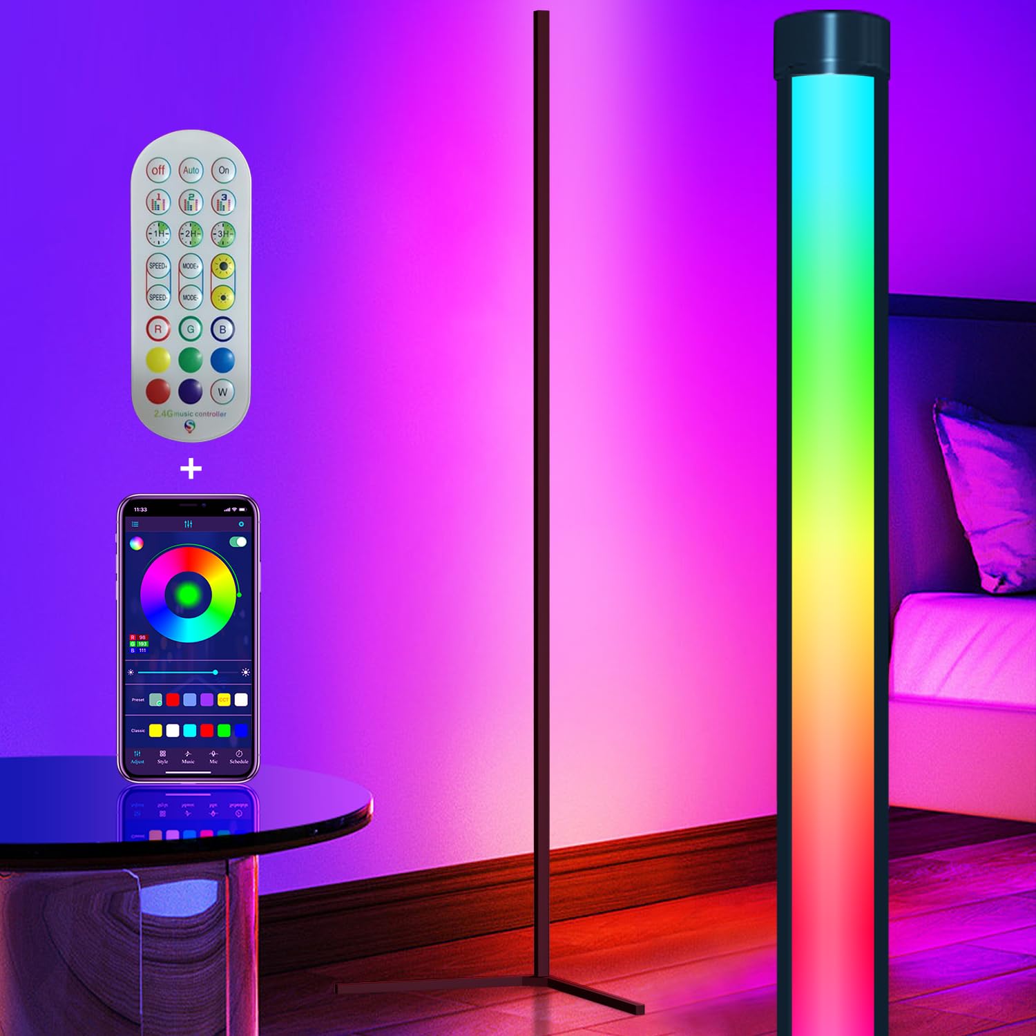 Corner Floor Lamp Smart RGB LED Corner Lamp with App and Remote Control, 16 Million Colors & 300+ Scene, Music Sync, Timer Setti
