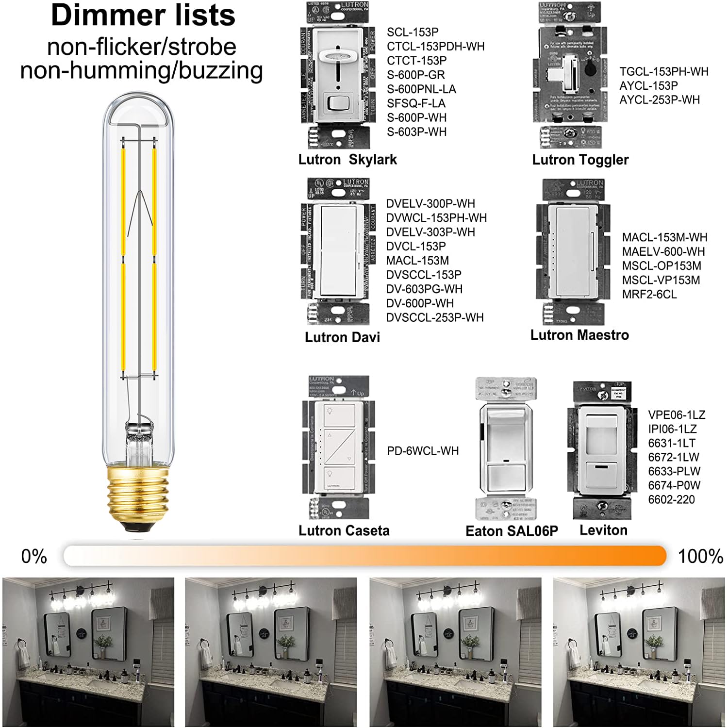 Leools Dimmable E26 Edison Bulb 8W Equal 75 Watt Light Bulb Ac120V Daylight 4000K Edison Light Bulbs 75 Watt 800Lm Tubular T10 L