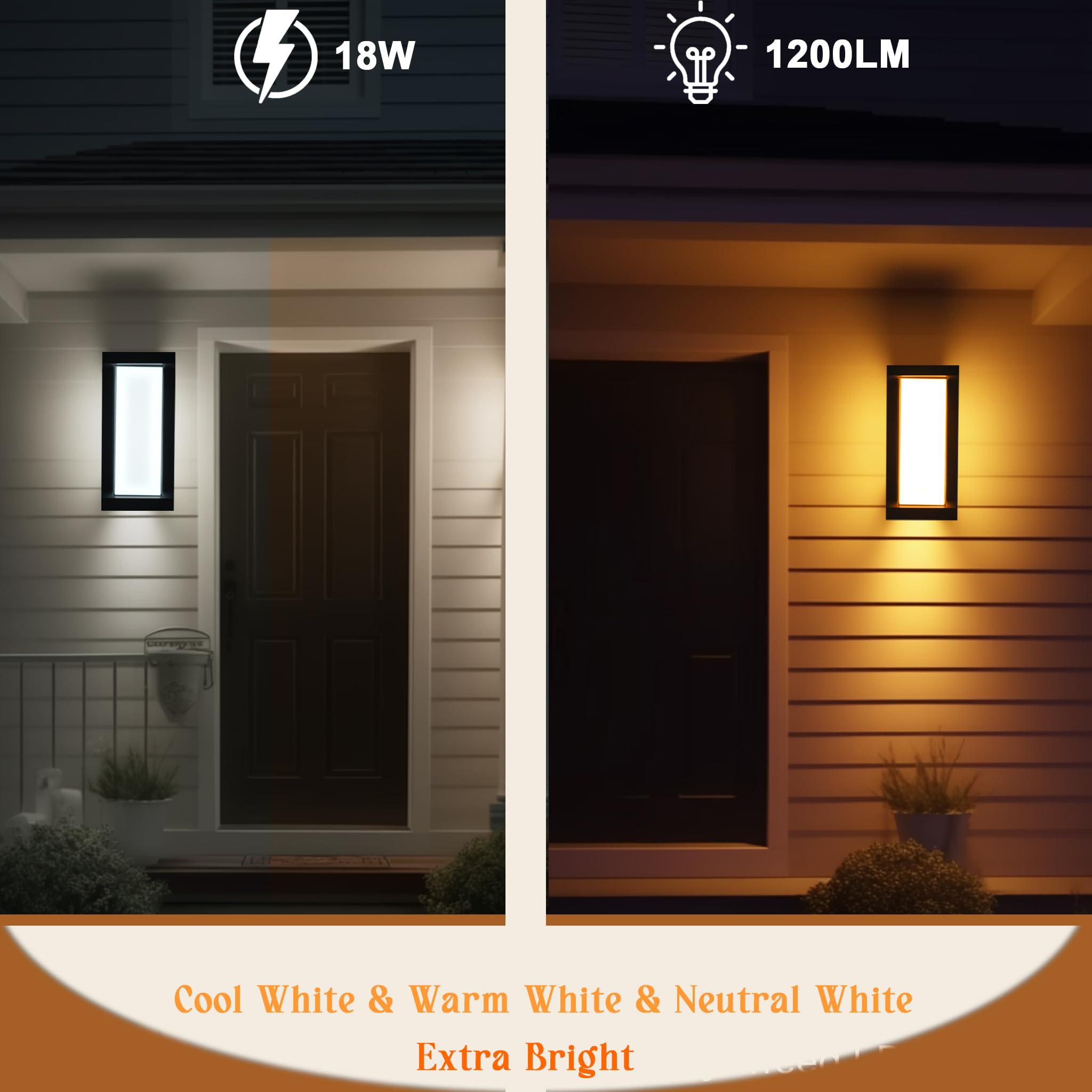 Rosykite 18W Led Outdoor Wall Lights 2-Pack, Waterproof Tunable White, Modern Rectangle-Cct Fixtures