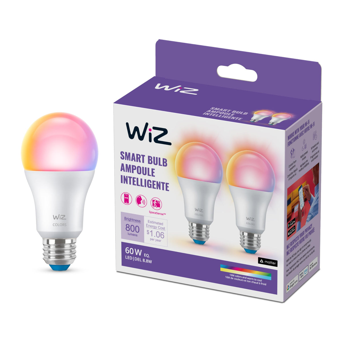 Wiz 60W A19 Color Led Smart Bulb - Pack Of 1 - E26- Indoor - Connects To Your Existing Wi-Fi - Control With Voice Or App + Activ