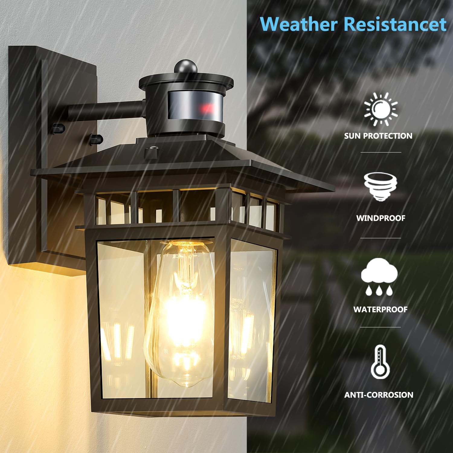 Hifeelen Motion Sensor Outdoor Light, Waterproof Wall Mount Fixture, Clear Glass Shade, Black Aluminum for Entryway, Garage, Balcony