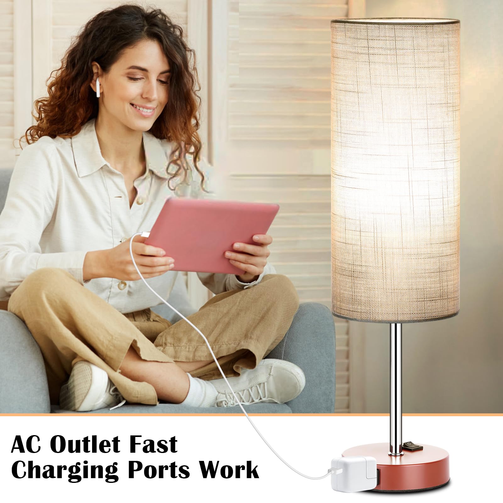 Zjojo Table Lamp For Bedroom 2 Pack,18In Bedside Lamps With 3 Way Dimmable Rocker Switch & Ac Outlet,Nightstand Desk Lamp With G