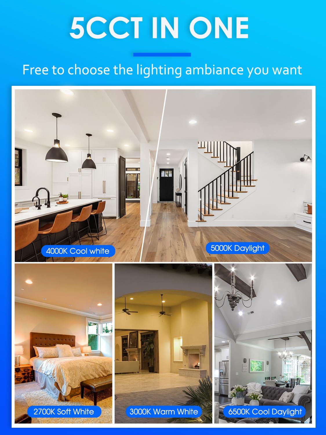12 Pack 5/6 Inch 5Cct Led Recessed Lighting, Dimmable Can Lights With Baffle Trim, 2700K/3000K/4000K/5000K/6500K Selectable, 12.