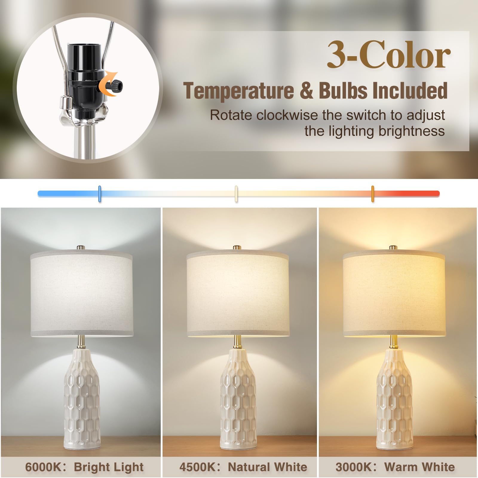 Luvkczc Ceramic Table Lamps Set of 2 - 24.8in Height, 3 Color Temperatures, Bulbs Included, Cream