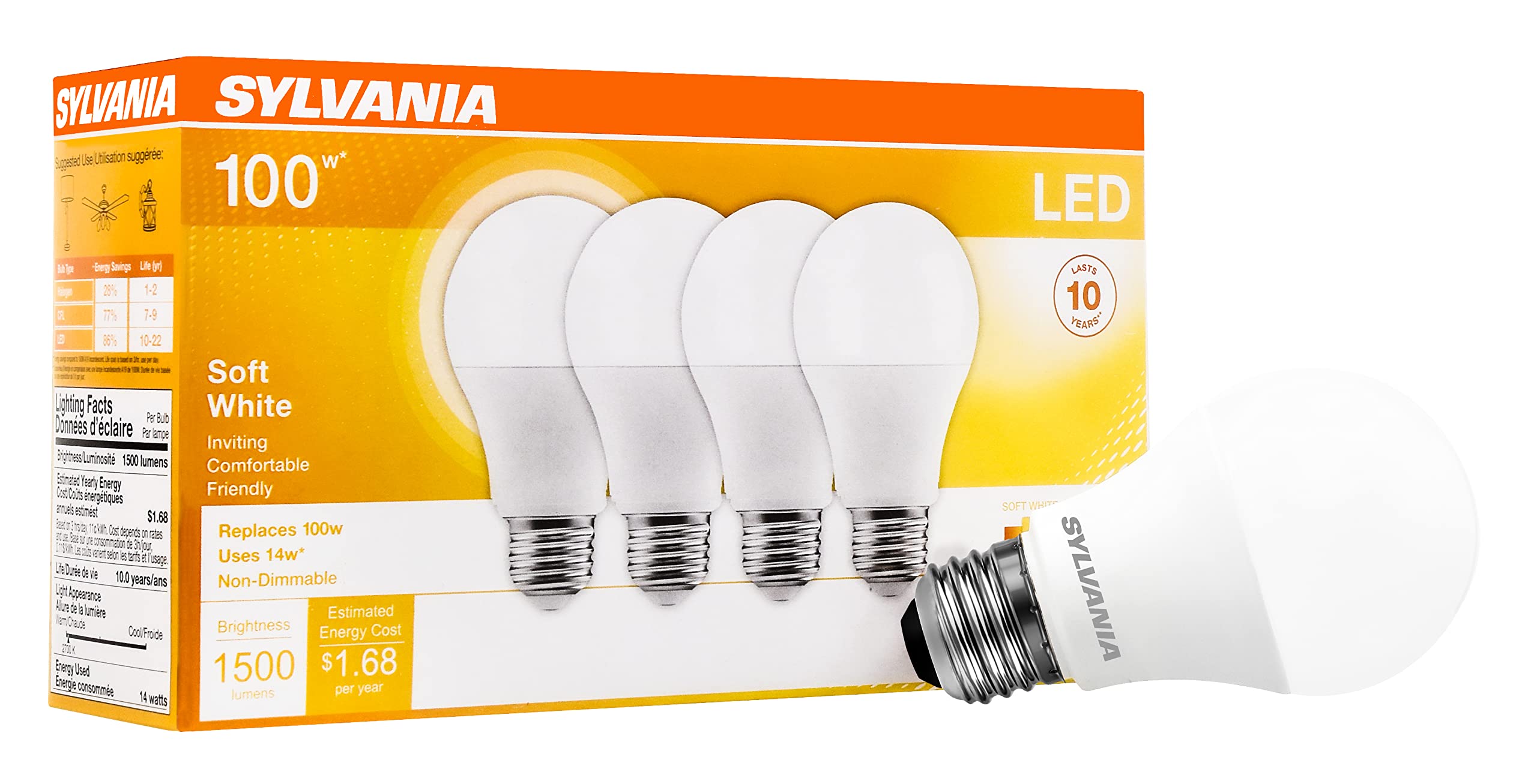 Sylvania Led A19 Light Bulb, 100W = 14W, Non-Dimmable, Frosted Finish, 1500 Lumens, 2700K, Soft White - 4 Pack (78101)