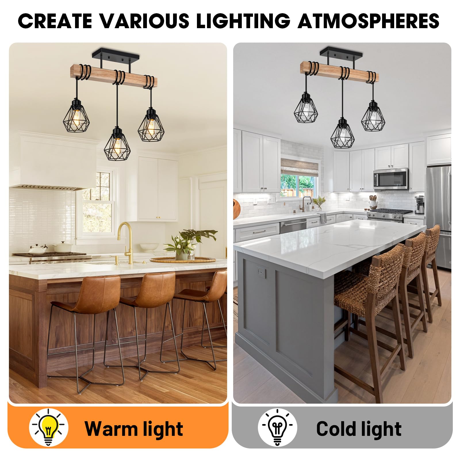 Feanron 3-Lights Farmhouse Pendant Light Fixtures, Black Metal Shades, Rustic Solid Wood, Model ZSLDD-3L for Dining Room and Kitchen