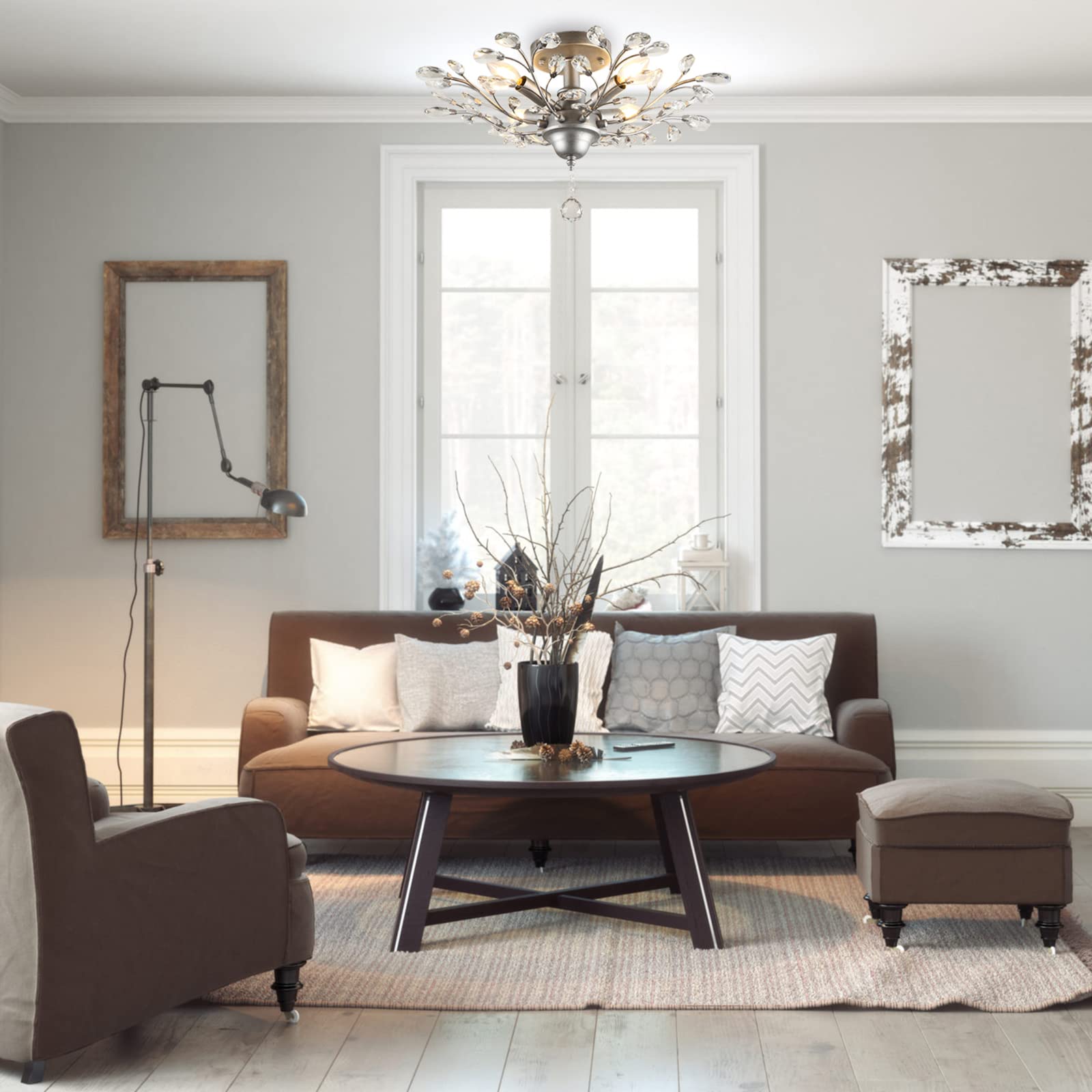 SEOL Flush Mount Ceiling Light, Crystal, 4-Light, 160W, 24.5in Dia, Silver Grey, Small Size, Model SLP1801PAPA