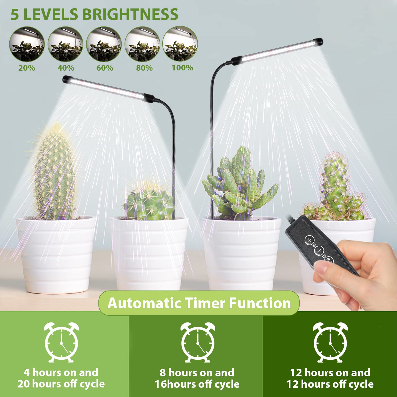 Juhefa Grow Light For Indoor Plants Growing, 6000K Full Spectrum Gooseneck Plant Lamp For Seedings Succulents Small Plants, Auto On/Off Timing & 5 Dimming, 2-Pack
