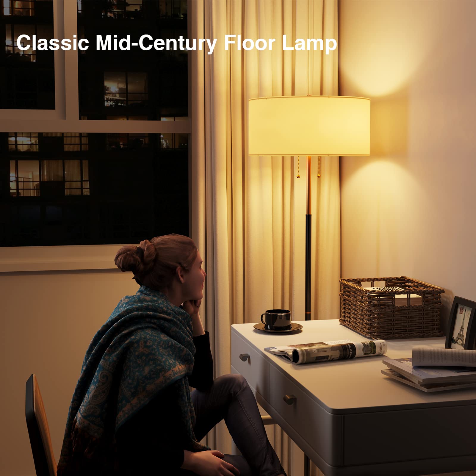 Karjoefar Mid Century Floor Lamp, 61in Black/Gold, Metal, White Fabric Shade, 3 Color Temperatures, Includes 9W Bulb