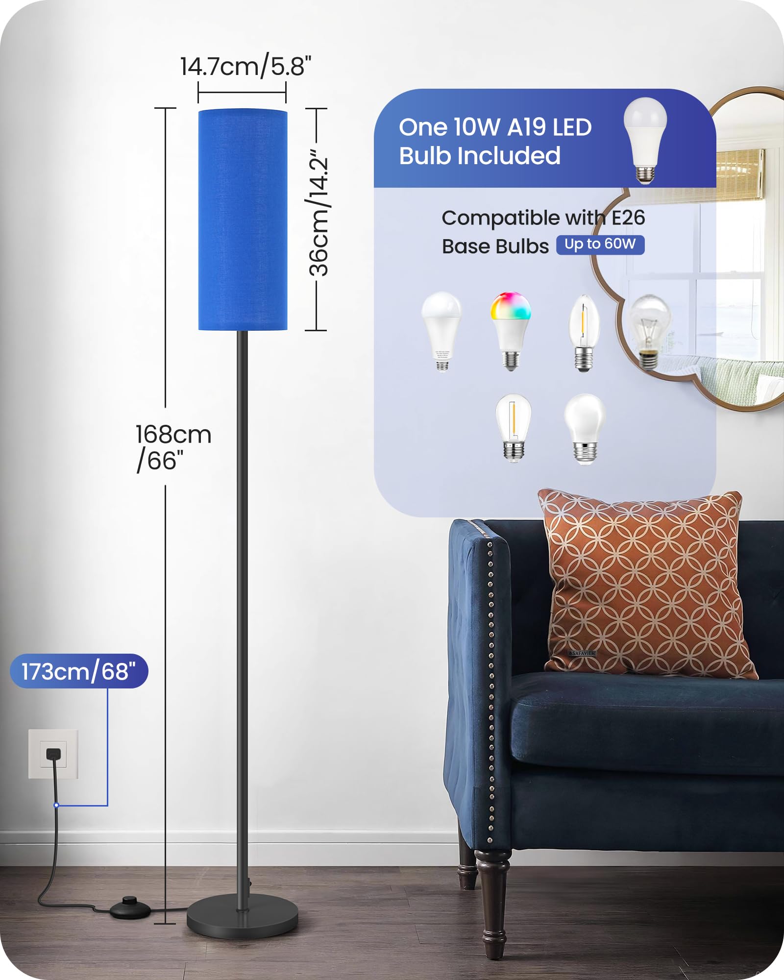 Dimmable Blue Floor Lamp For Living Room With Remote And Foot Switch, Corner Floor Lamp For Bedroom, 66'' Standing Tall Lamp, 10