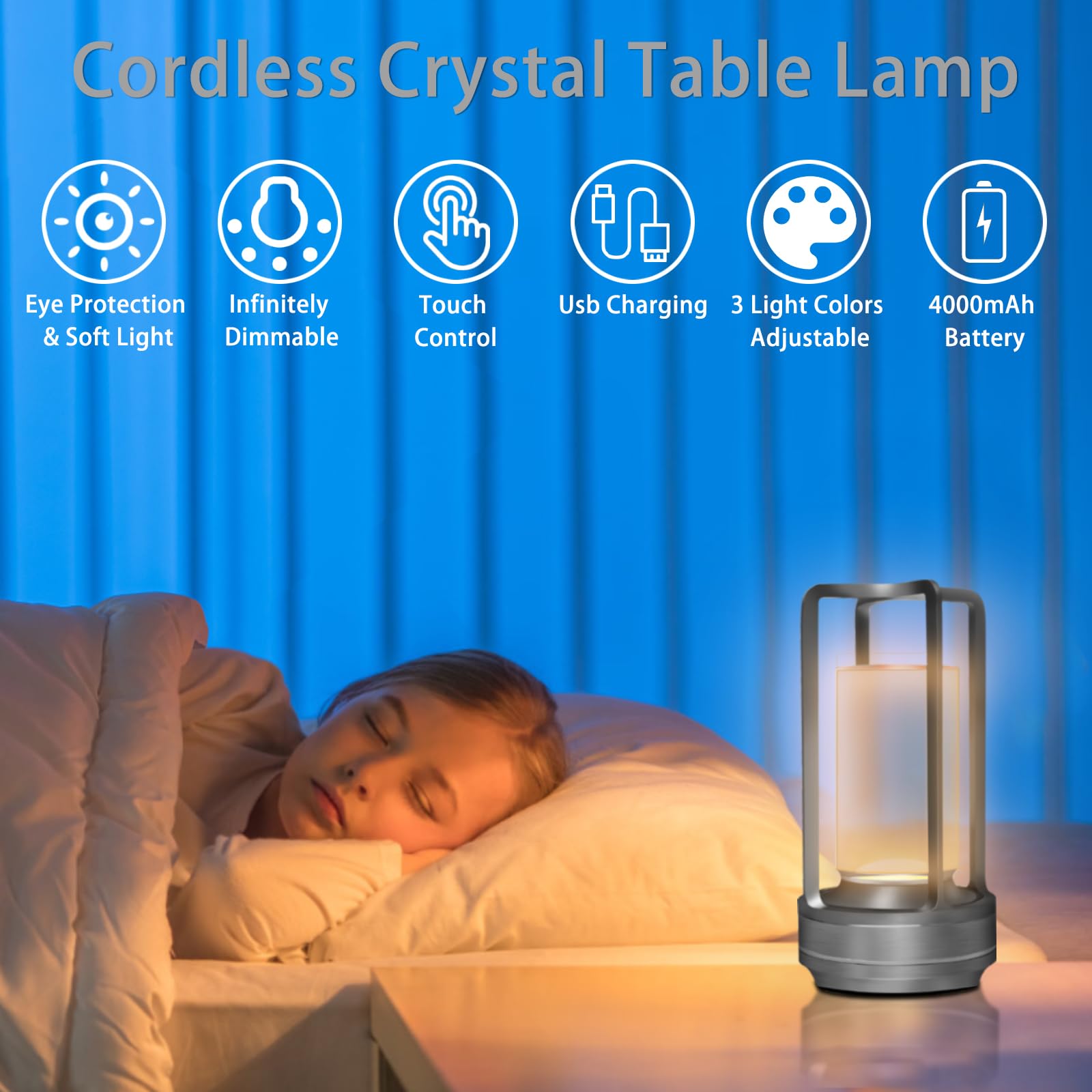 MEINV Cordless Rechargeable Table Lamp, Touch Control, 3 Color Dimmable, Small, Aluminum, Silver, Model CL001