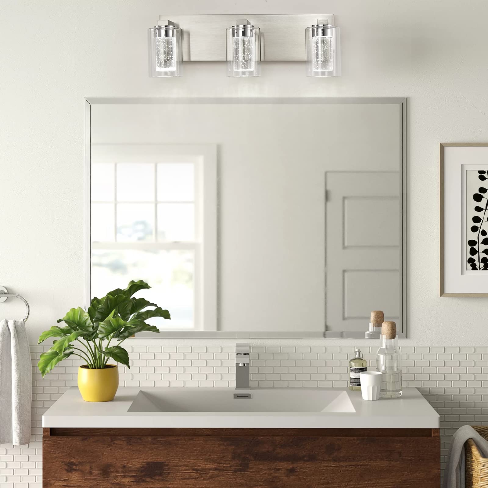 yenlacy 3-Light Bathroom Vanity Light, Brushed Nickel, Crystal Bubble Glass, Dimmable, Model 2022-B108, Modern Wall Sconce for Home