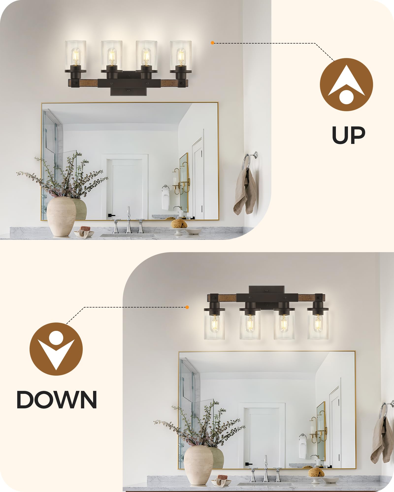 GOEBLESON 5-Light Bathroom Light Fixture, Rustic Brown Metal Vanity Lights, F10BD05 Model, Glass Shade Design
