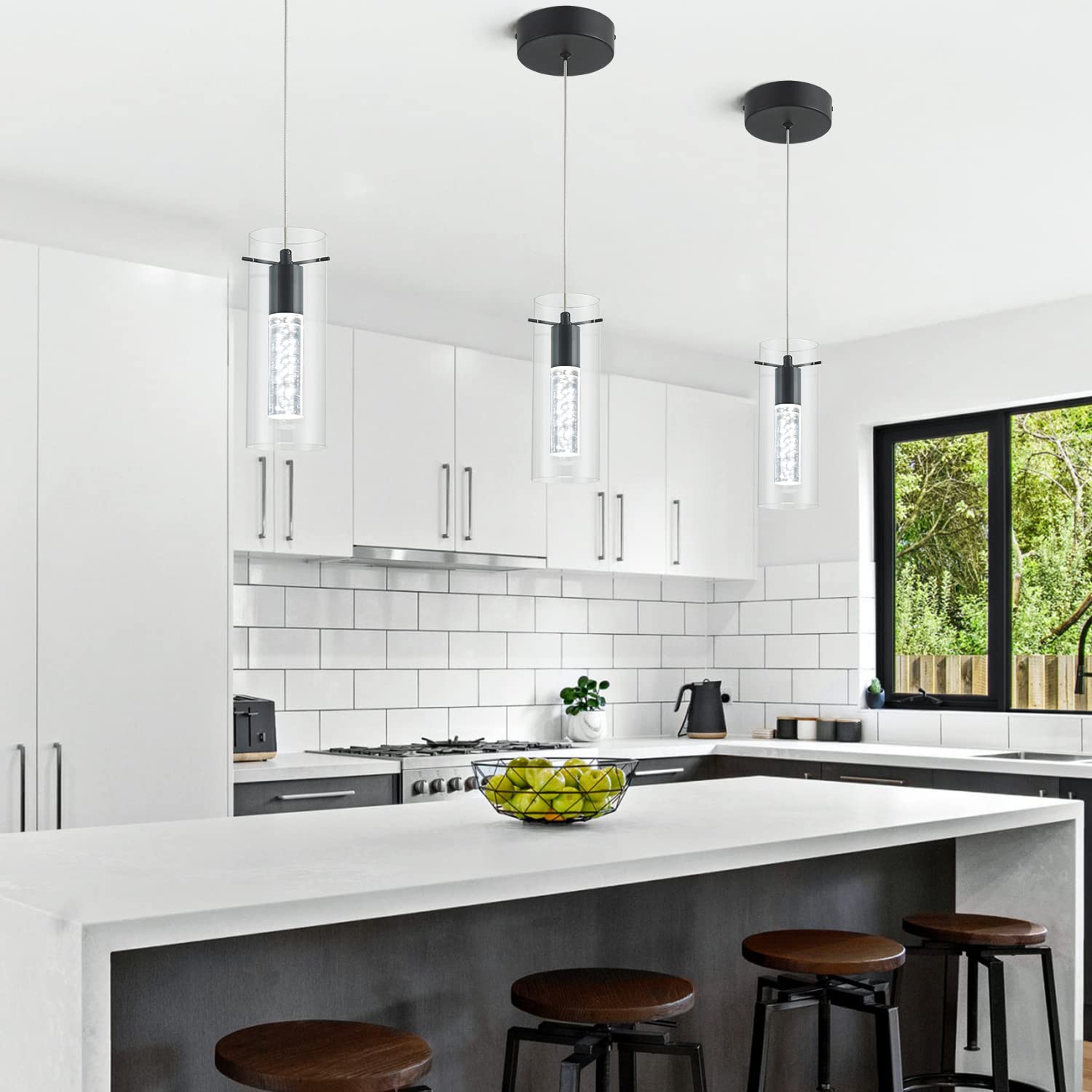 BESTWEST Black Pendant Light, Modern Kitchen Island Fixture, Glass, 3 Pack, BW-03, Sand Black