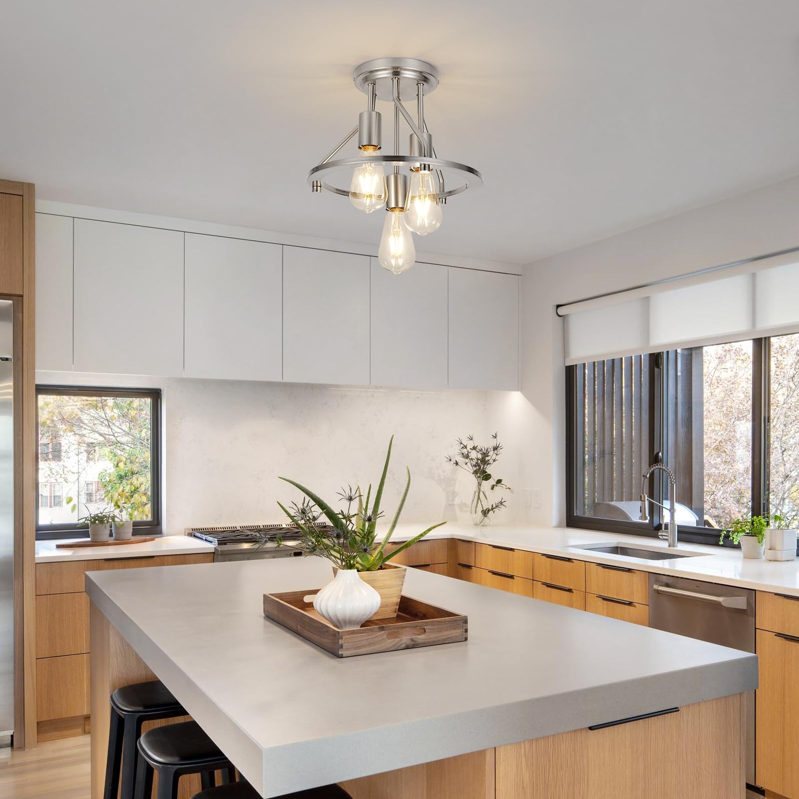 Wilon Brushed Nickel Semi Flush Mount Ceiling Light - 3-Light Ceiling Light Fixtures Farmhouse Kitchen Light Industrial Hallway