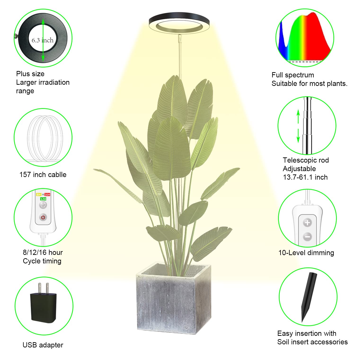 Yadoker Plant Grow Light, Led Growing Light Full Spectrum For Indoor Plants,Height Adjustable, Automatic Timer, 5V Low Safe Volt