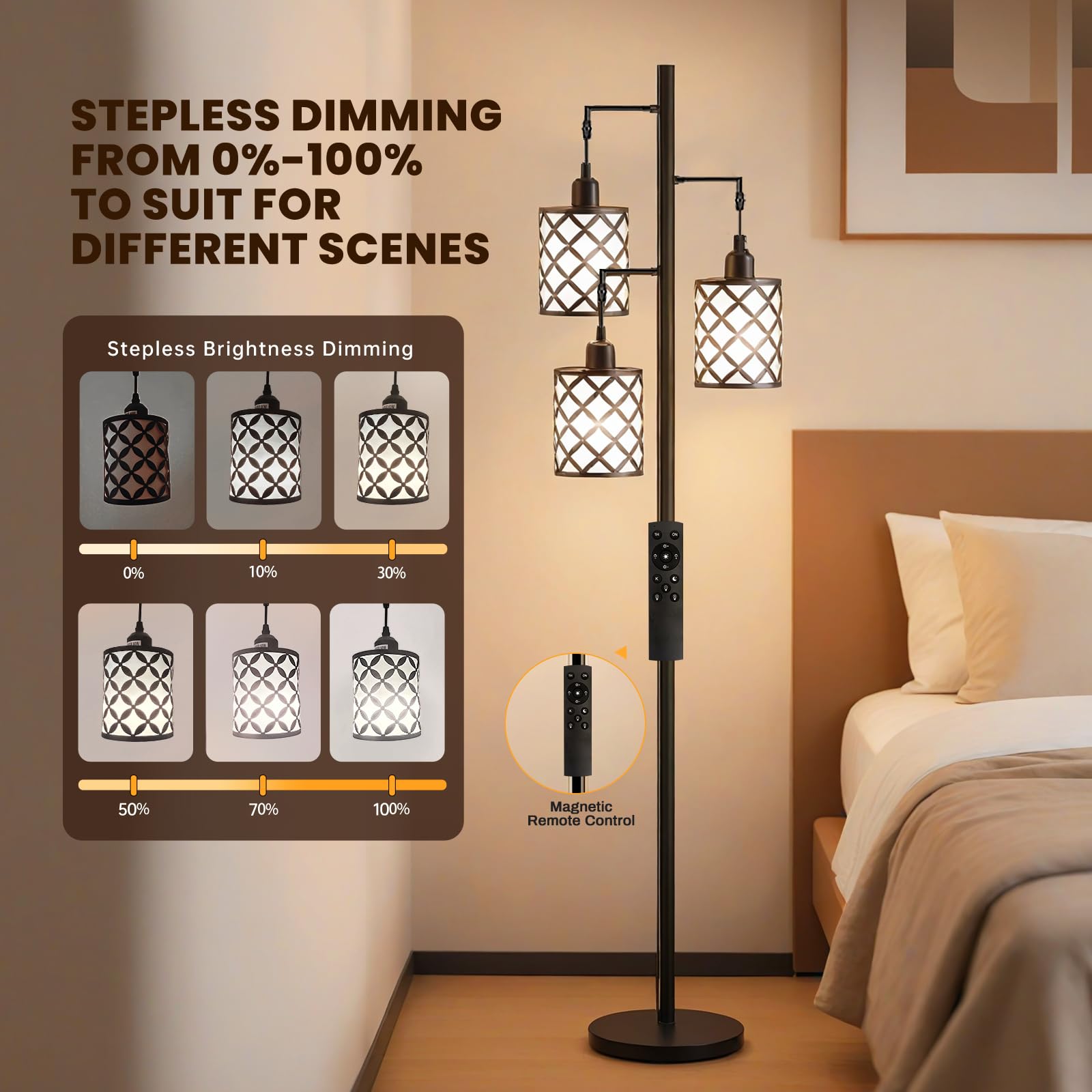 GHOOCEMLUX 72" Tall Dimmable Floor Lamp with Remote Control, Black Metal, Farmhouse Style, Industrial Design for Living Room & Office