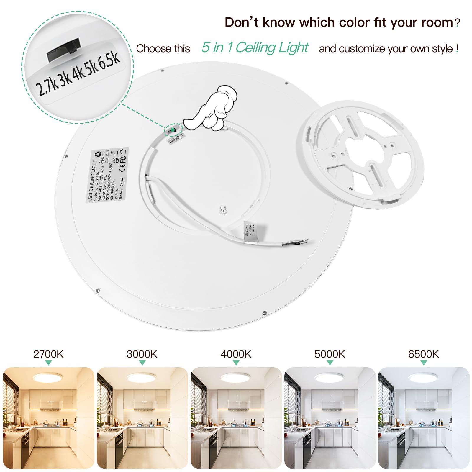 Brightever 15 Inch Large Flush Mount Ceiling Light Fixtures, 3800Lm 300W Equivalent, 2700K-6500K Selectable, 0.67 Inch Extremely