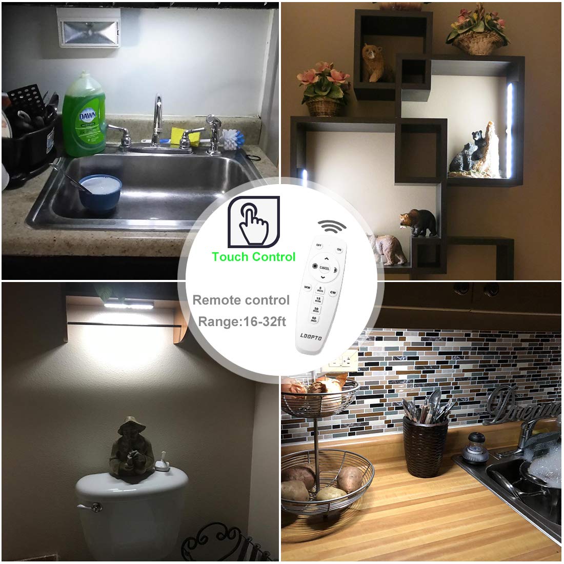 LDOPTO LED Under Cabinet Lights - Wireless Dimmable, Warm White, 6 Pack, Model UF13, Aluminum, Timer, Perfect for Kitchen & Hallway