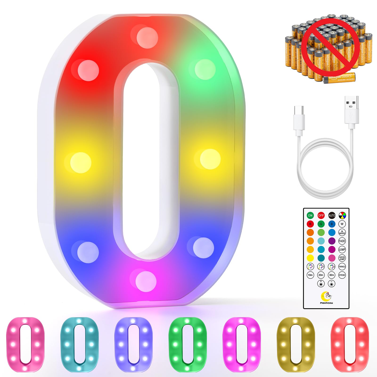 Mooncow Rechargeable Light Up Letters,Colorful Marquee Letters With Remote,Gift Wrap Gifts,Bedroom Home Bar Party Decor (O)
