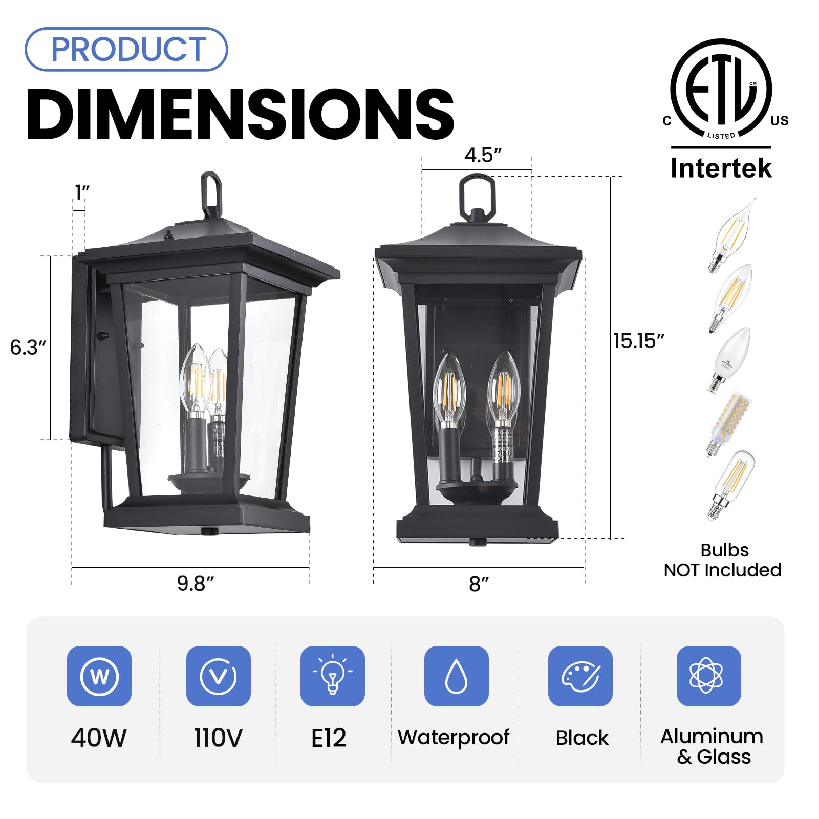 Smeike Dusk to Dawn Outdoor Wall Lantern, Large Waterproof Sconce Light Fixture, E12 Base, Aluminum, Black, Model A272-1-SR, With Sensor