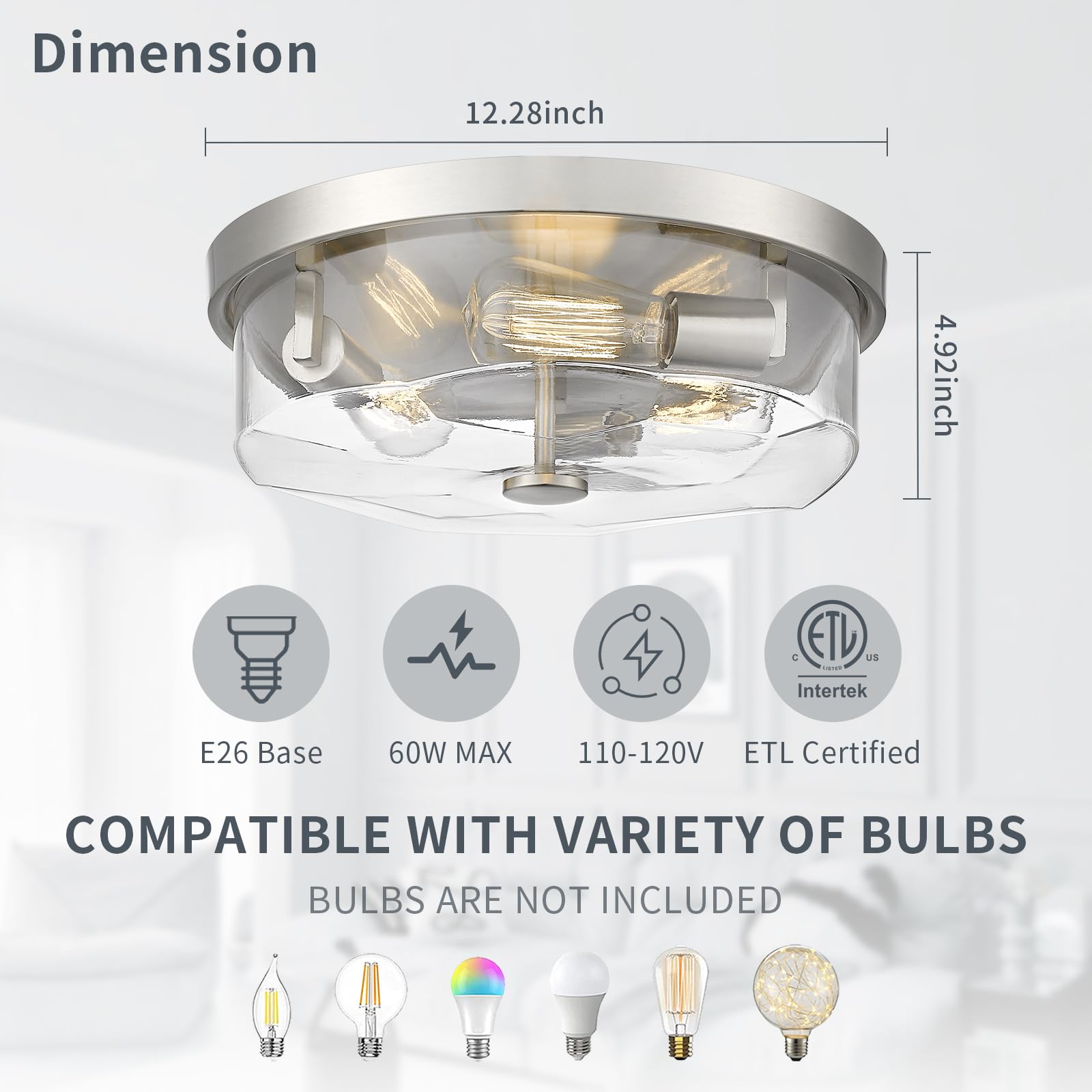Luminzone 3-Light Brushed Nickel Flush Mount Ceiling Light, Modern Farmhouse Design, Clear Glass for Kitchen, Porch, Entryway