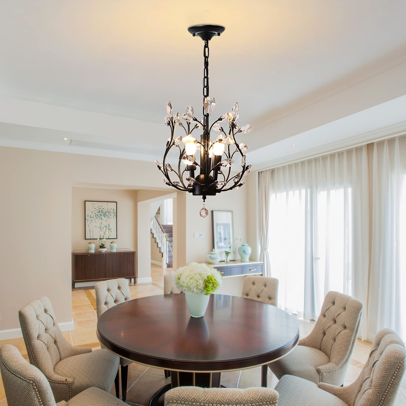 Ganeed Vintage K9 Crystal Chandelier - 3-Light Flush Mount Fixture, Black Iron For Living Room, Dining Room, Restaurant, Hallway
