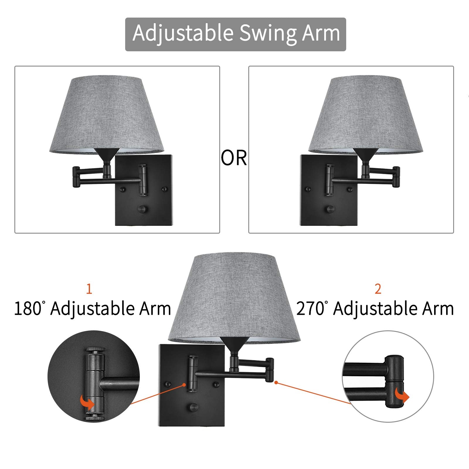 Pauwer Plug In Wall Sconce Set Of 2, Swing Arm Lamp, Gray Fabric Shade, Metal, Ideal For Bedroom, Hallway, Living Room