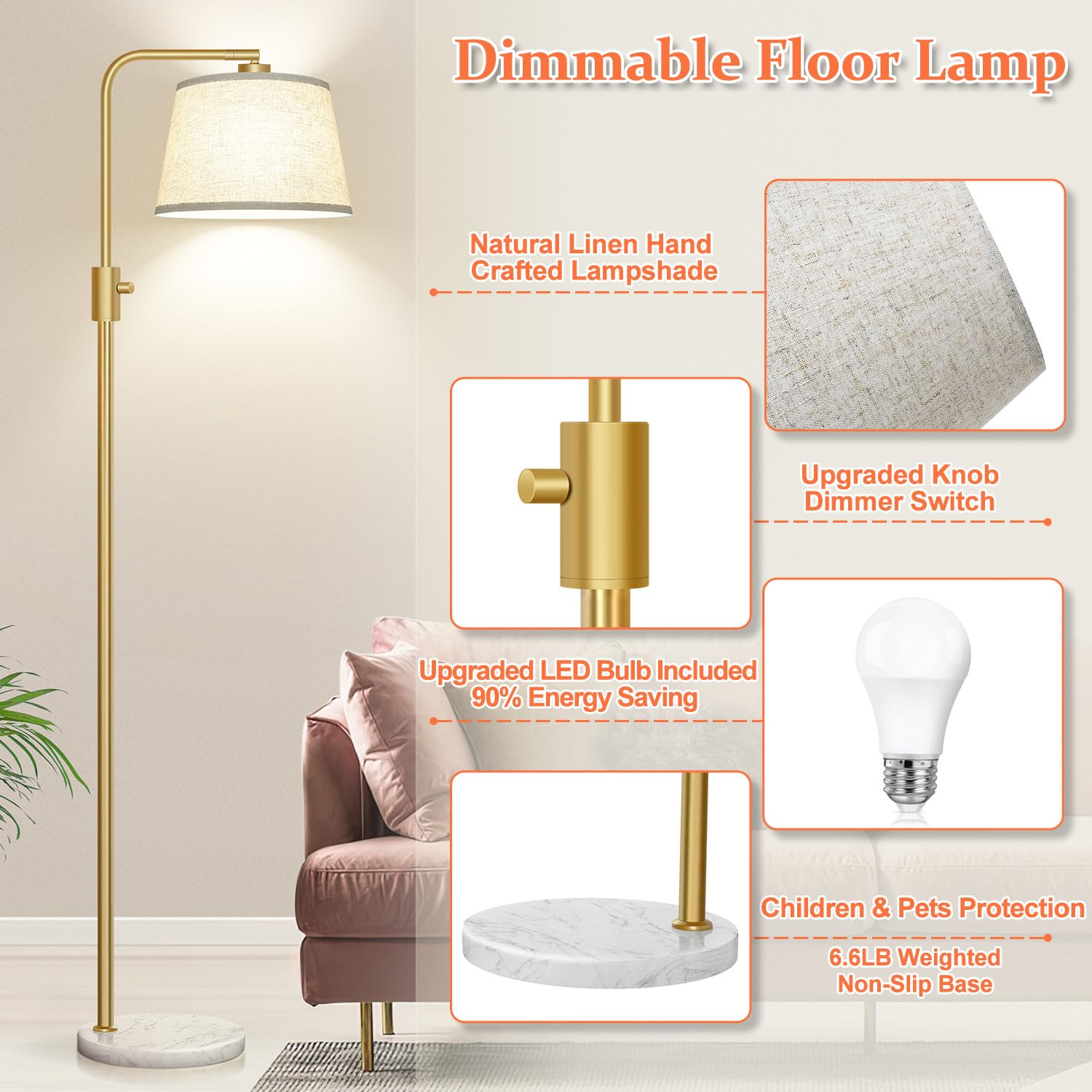Nintiue Dimmable Arc Floor Lamp with 1000 LM LED Edison Bulb, Gold-Linen Shade, Marble Base, Model FL16886