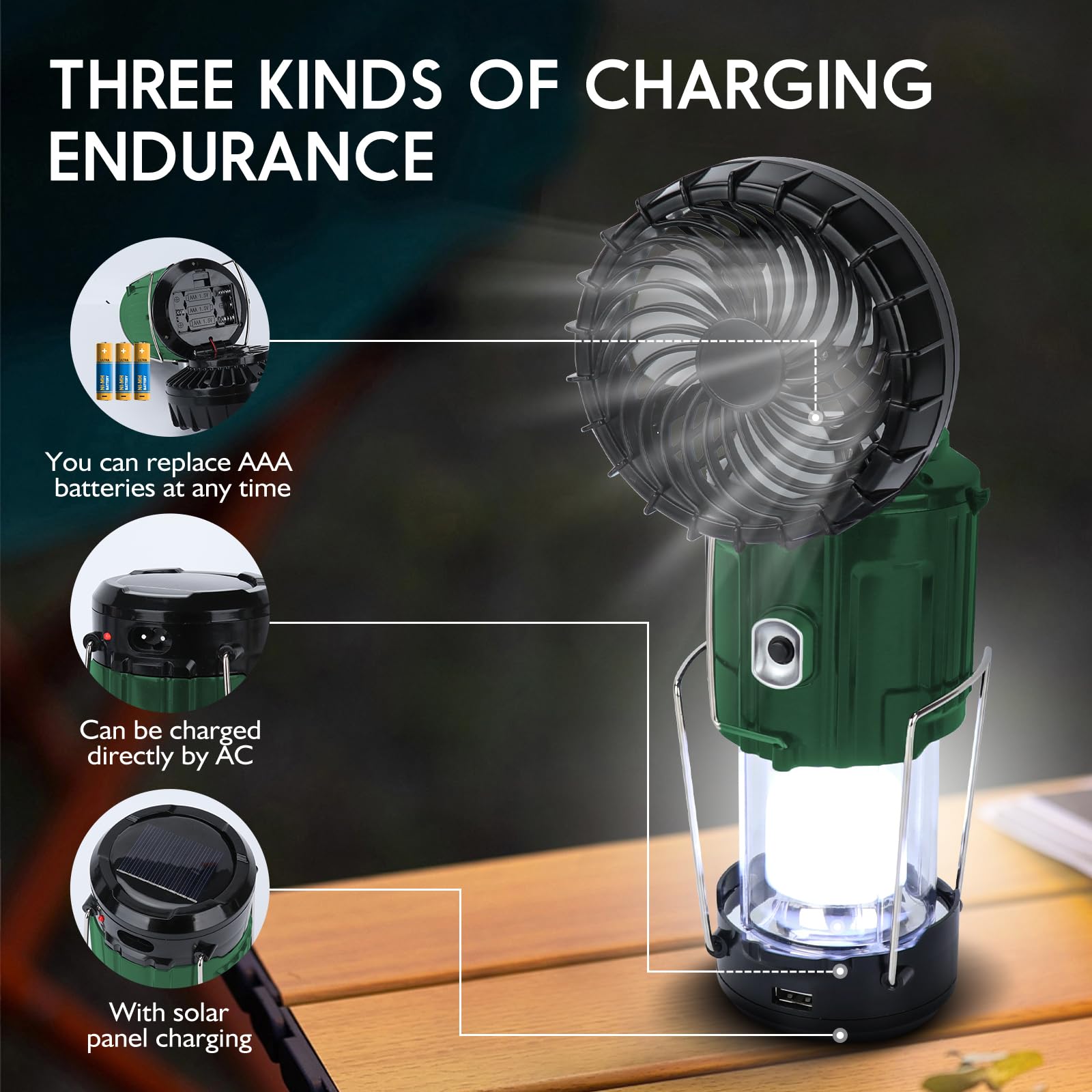 BUGPASS Solar Camping Lantern with Fan, Rechargeable, Battery Operated, Green, Model: Lanterns for Power Outages
