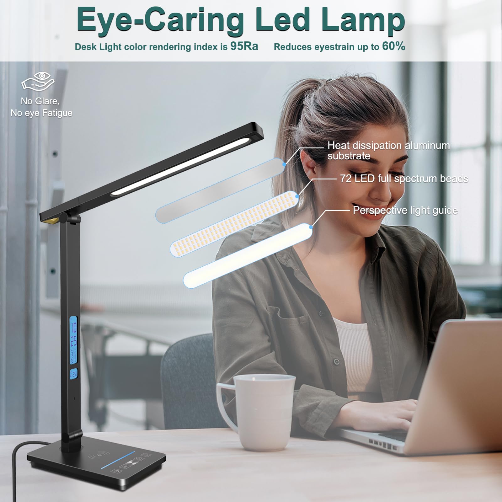 Oviouit 10-in-1 Smart Desk Lamp, Black LED Table Light with 10W Wireless Charger, Dimmable Touch Control, Ideal for Office & Dorm Room